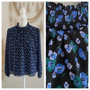 J. Crew mock neck smocked blouse top black & blue floral print crepe spring M